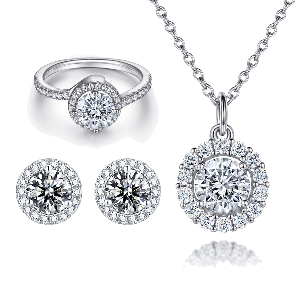 S925 Sterling Silver Halo Jewelry Set Ring/ear stud/necklace "Round-Cut Simulated Diamonds"