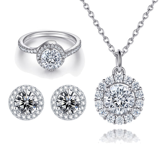 S925 Sterling Silver Halo Jewelry Set Ring/ear stud/necklace "Round-Cut Simulated Diamonds"
